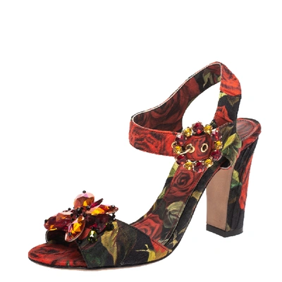 Pre-owned Dolce & Gabbana Multicolor Floral Printed Fabric Crystal Embellished Ankle Strap Sandals Size 36