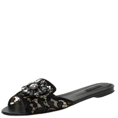 Pre-owned Dolce & Gabbana Black Lace Sofia Crystal Embellished Slides Size 40.5