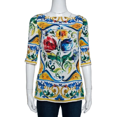 Pre-owned Dolce & Gabbana Multicolor Majolica Print Silk Three Quarter Sleeve Top M