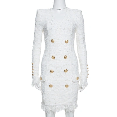 Pre-owned Balmain White Distressed Tweed Fringe Detail Fitted Dress S