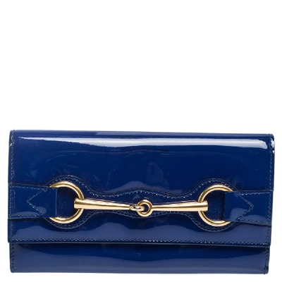 Pre-owned Gucci Blue Patent Leather Horsebit Continental Wallet