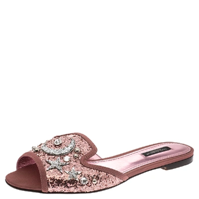 Pre-owned Dolce & Gabbana Metallic Pink/silver Coarse Glitter Moon And Star Sofia Slides Size 37.5