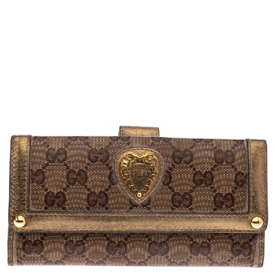 Pre-owned Gucci Beige/metallic Gg Crystal Canvas And Leather Heart Bifold Continental Wallet In Brown