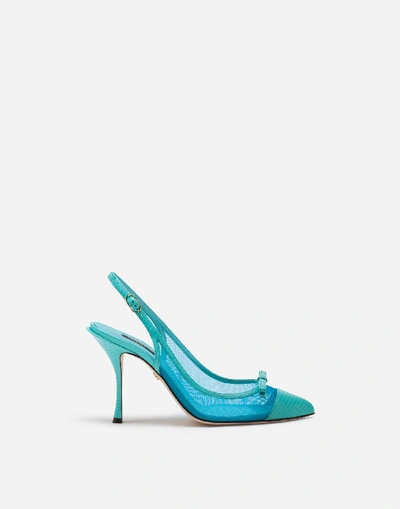 Dolce & Gabbana Sling Back Shoes In Iguana Print Leather And Mesh In Light Blue