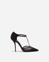 DOLCE & GABBANA T-STRAP SANDALS IN MESH AND GROSGRAIN