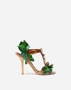 DOLCE & GABBANA SANDALS IN COWHIDE WITH LEAF APPLIQUÉ AND BEJEWELED EMBROIDERY