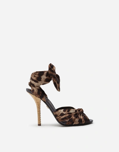 Dolce & Gabbana Twill Sandals With Leopard Print And Heel In Wicker In Brown,black