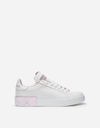 Dolce & Gabbana Nappa Leather Portofino Sneakers In White/pink