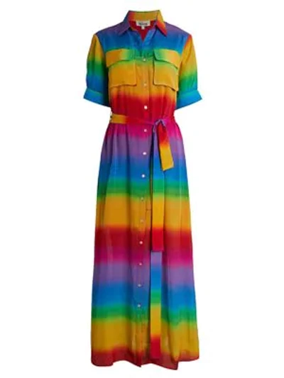 All Things Mochi Iska Rainbow Stripe Silk Maxi Shirtdress