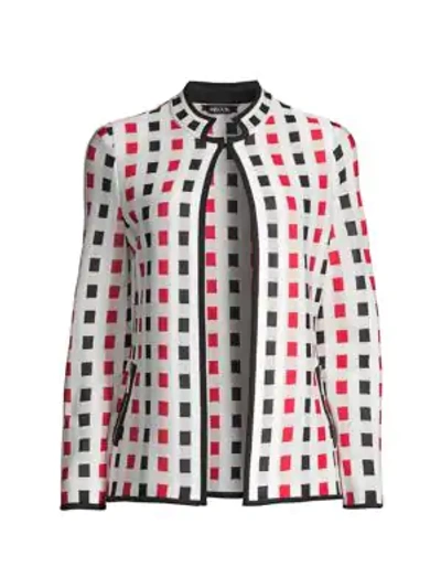 Misook Square Jacquard Knit Jacket In N.ivory/a.red/blk