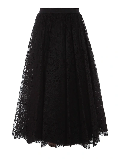 Red Valentino Gathered Cotton-blend Crocheted Lace Midi Skirt In Black