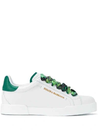 Dolce & Gabbana Portofino Sneakers In Nappa Calfskin With Lettering And Printed Silk Laces In White