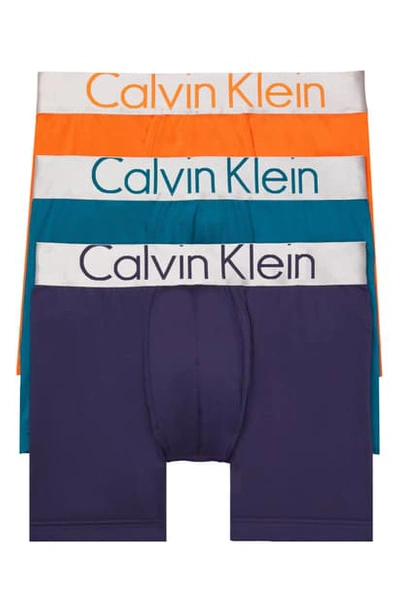 Calvin Klein Steel Micro 3-pack Boxer Briefs In Red Orange/ Teal/ Blue Noir