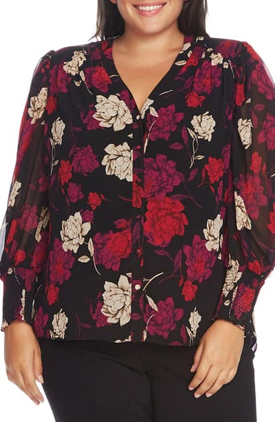 Vince Camuto Enchanted Floral Smock Cuff Blouse In Tulip Red