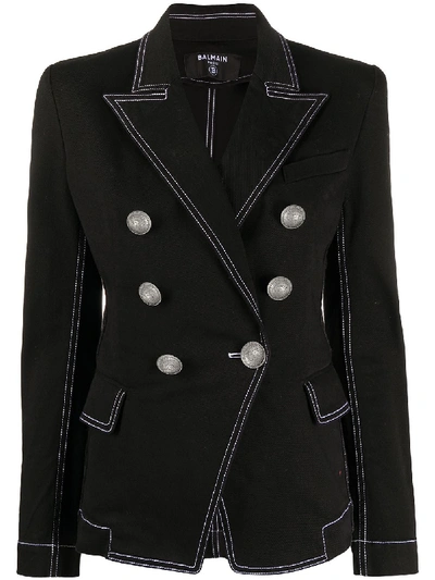 Balmain Double Breasted Cotton Denim Blazer In Black