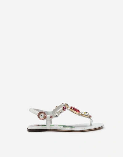 Dolce & Gabbana Patent Leather Flip Flops With Stone Embroidery In White