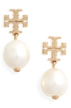 Tory Burch Gold And Pearl Brass Earrings In Tory Gold / Ivory