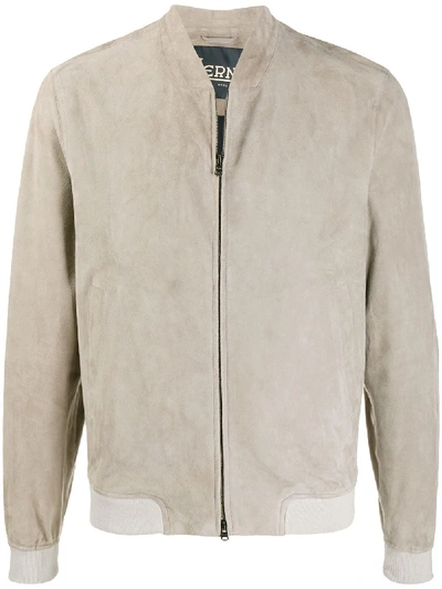 Herno Leather Bomber Jacket In Beige