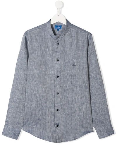Fay Teen Embroidered Logo Linen Shirt In Blue