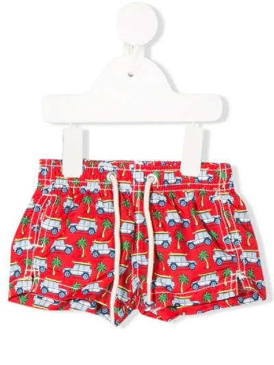 Mc2 Saint Barth Babies' Cars Print Swim Shorts In Red