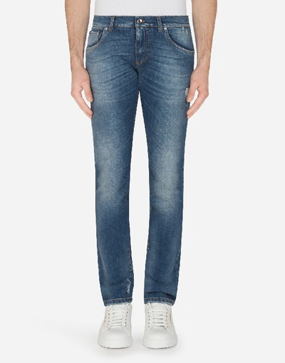 Dolce & Gabbana Stretch Skinny Jeans With Printed Cotton Details In Denim