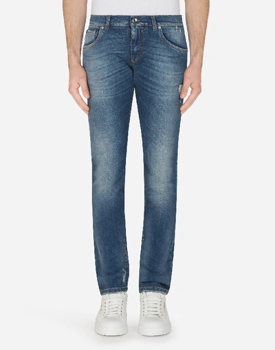 Dolce & Gabbana Stretch Skinny Jeans With Printed Cotton Details In Light Blue