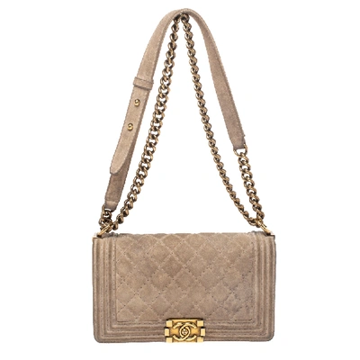 Pre-owned Chanel Beige Quilted Distressed Suede Medium Boy Flap Bag