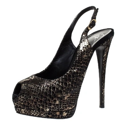 Pre-owned Giuseppe Zanotti Black/gold Monochrome Python Embossed Leather Peep Toe Slingback Platform Pumps Size 38.5