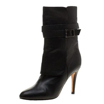 Pre-owned Jimmy Choo Black Leather Blaine Buckle Detail Mid Calf Boots 39.5