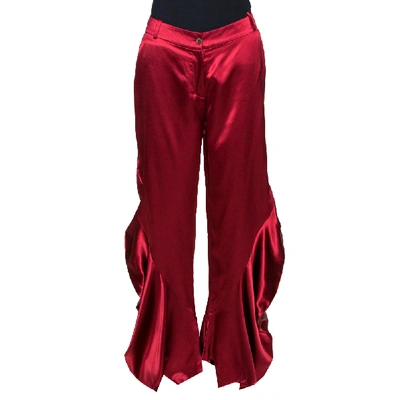 Pre-owned Dior Red Silk Satin Ruffle Detail Wide Leg Pants M