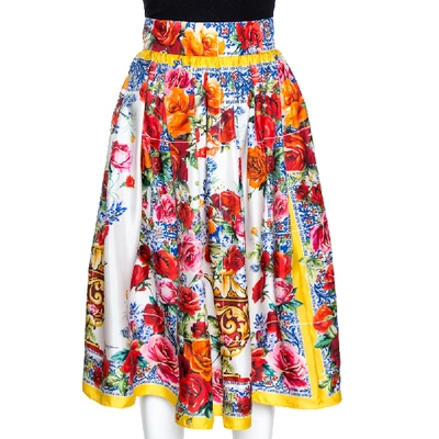 Pre-owned Dolce & Gabbana Majolica Vase Printed Silk Pleated Midi Skirt M In Multicolor