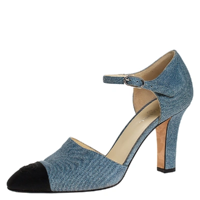 Pre-owned Chanel Blue Denim And Canvas Cap Toe Ankle Strap Pumps Size 38