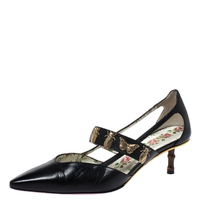 Pre-owned Gucci Black Leather Bee And Butterfly Embellishment Pointed Toe Pumps Size 38