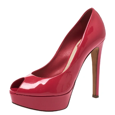 Pre-owned Dior Christian  Pink Patent Leather Peep Toe Platform Pumps Size 37.5