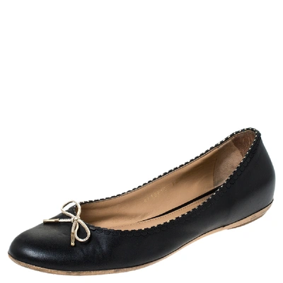 Pre-owned Ferragamo Black/gold Leather Bow Ballet Flats Size 40