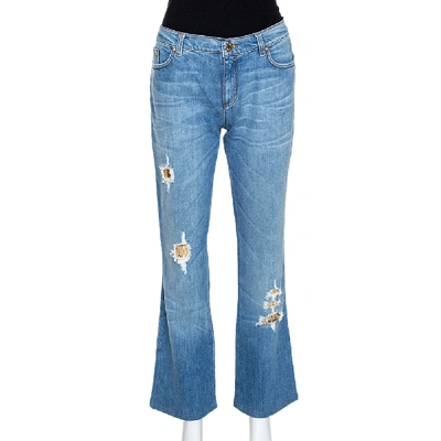 Pre-owned Roberto Cavalli Blue Distressed Denim Embellished Patch Jeans M