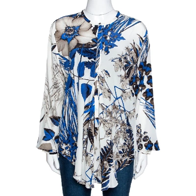 Pre-owned Roberto Cavalli Blue Leaf Print Silk Button Front Blouse L
