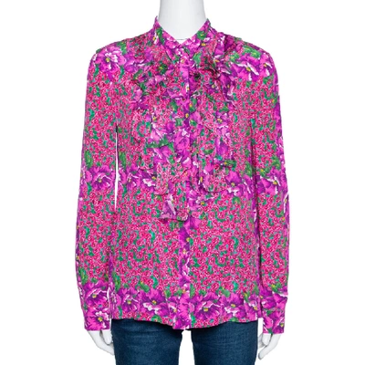 Pre-owned Roberto Cavalli Pink Floral Print Silk Ruffled Blouse M