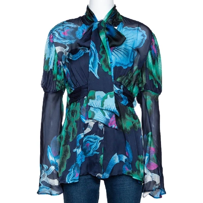 Pre-owned Roberto Cavalli Navy Blue Floral Print Silk Gathered Sleeve Blouse M