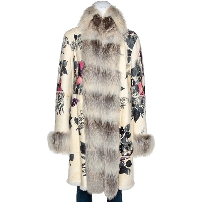 Pre-owned Roberto Cavalli Cream Floral Print Leather Fur Lined Coat L