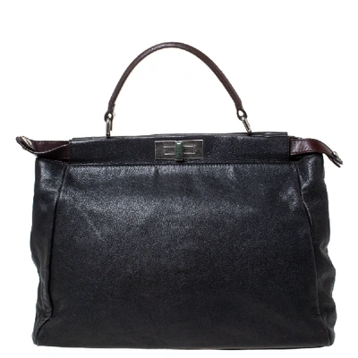 Pre-owned Fendi Black Leather With Suede/beads And Python Lining Large Peekaboo Top Handle Bag