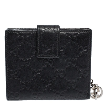 Pre-owned Gucci Ssima Leather Interlocking G Charm French Wallet In Black