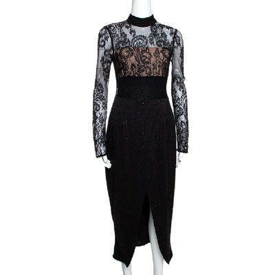 Pre-owned Self-portrait Black Bead And Sequin Embellished Lace Midi Dress S