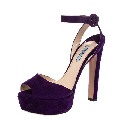 Pre-owned Prada Purple Suede Lexy Platform Slingback Ankle Strap Sandals Size 38.5