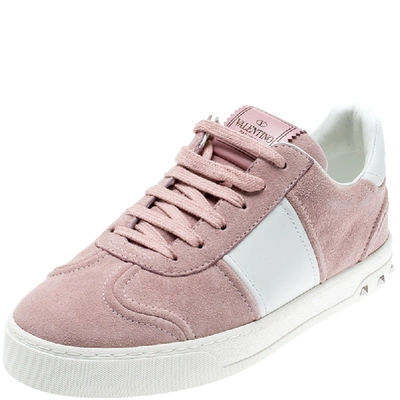 Pre-owned Valentino Garavani Loto/bianco Suede And Leather Flycrew Lace Up Trainers Size 37.5 In Pink