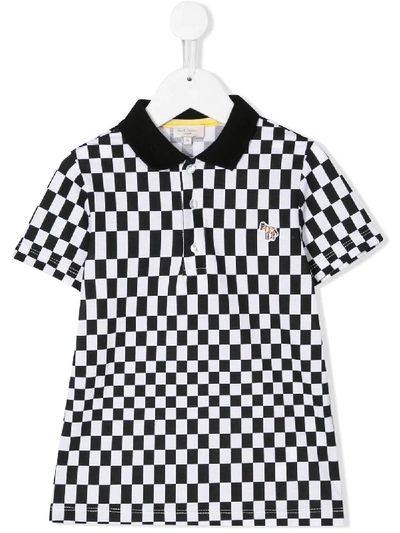 Paul Smith Junior Kids' Checkerboard Print Logo Patch Polo Shirt In Black