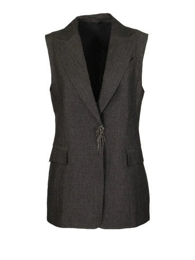 Brunello Cucinelli Waistcoat Lightweight Délavé Linen Waistcoat With Precious Pin In Dark Grey