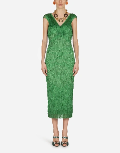 Dolce & Gabbana Longuette Dress With Fringe In Green