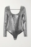 GUCCI Patent leather-trimmed sequined stretch-jersey bodysuit