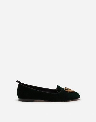 Dolce & Gabbana Velvet Devotion Slippers In Green